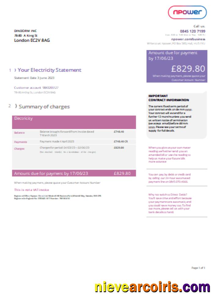 Npower utility business bill, version 2